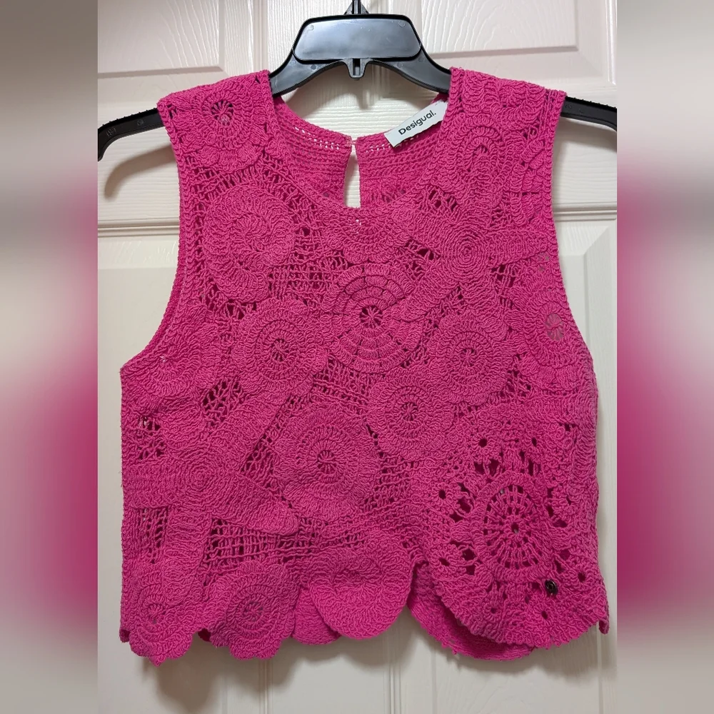 Desigual Crochet Cover Up Crop Top Pink Boho Resort Swim size Small S - Picture 3 of 5